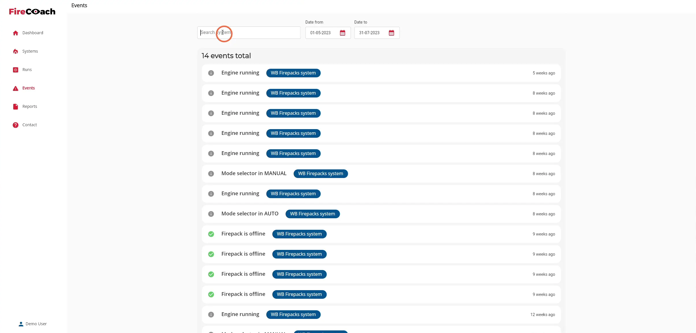 Click on the search field to search for a specific Firepack