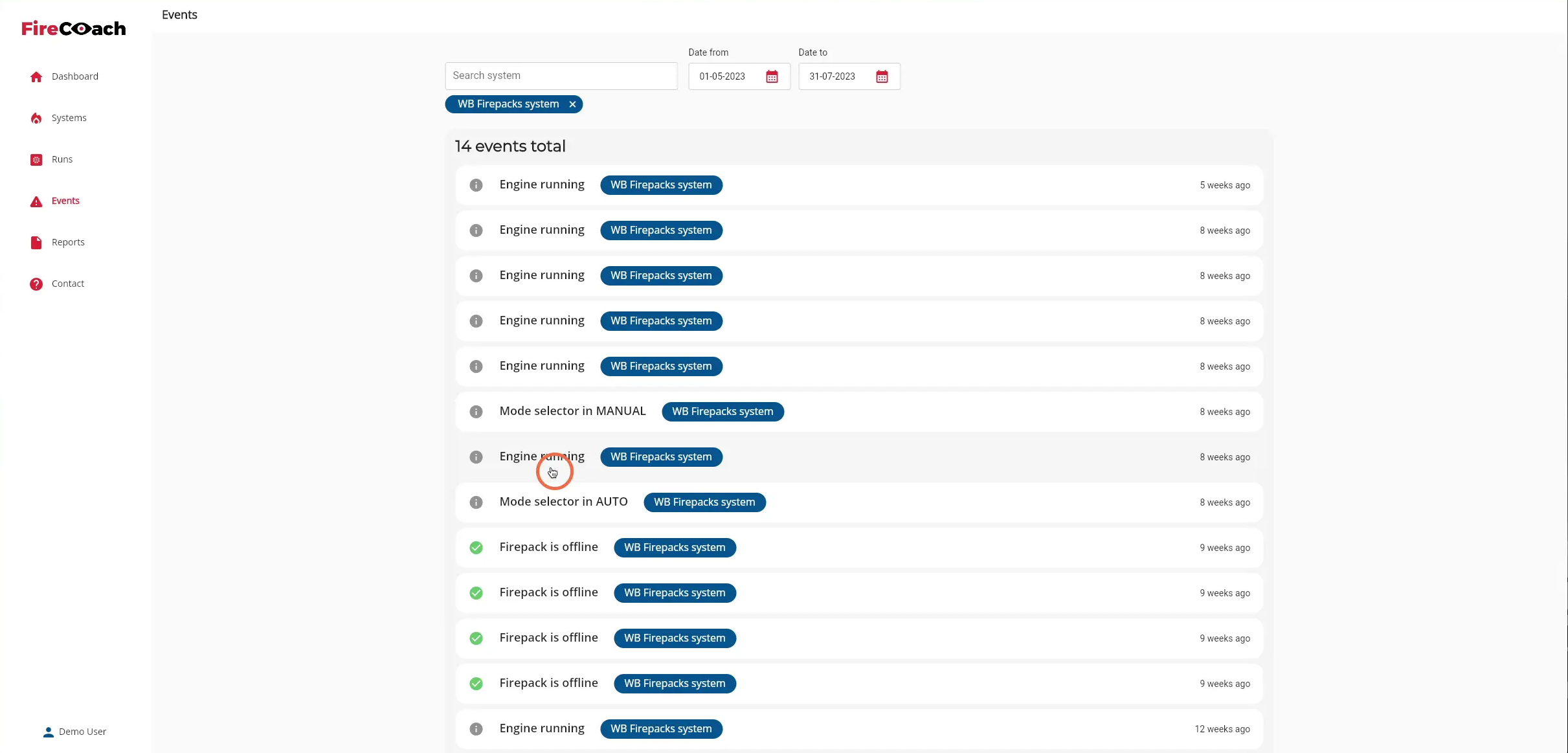Click on a event to go to the Firepack detail page