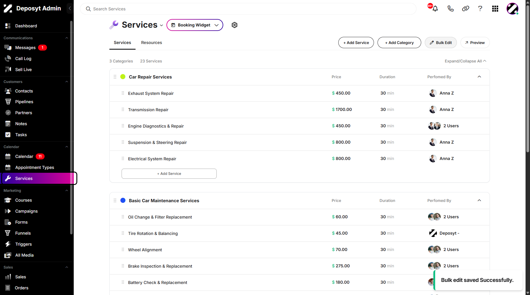 Step 1: On your Dashboard, navigate to the Services tab under the Calendar section.