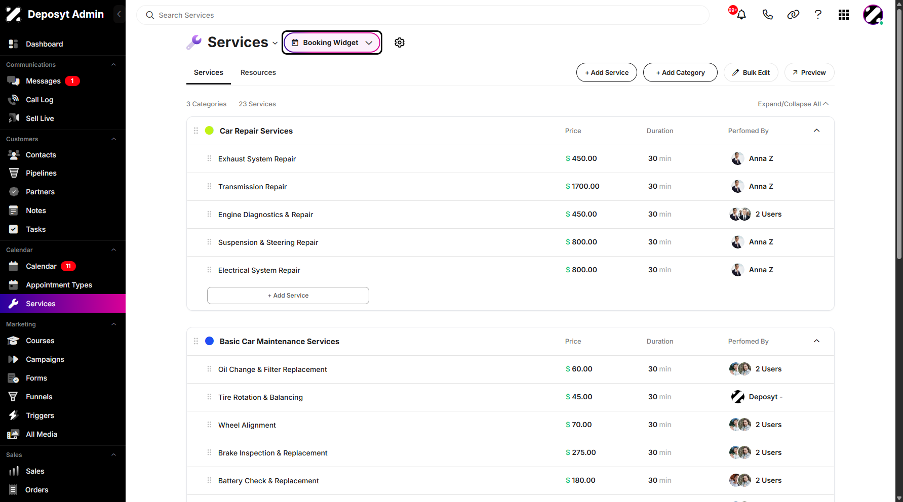 Step 5: You can also preview your service by clicking the 'Booking Widget' dropdown menu.