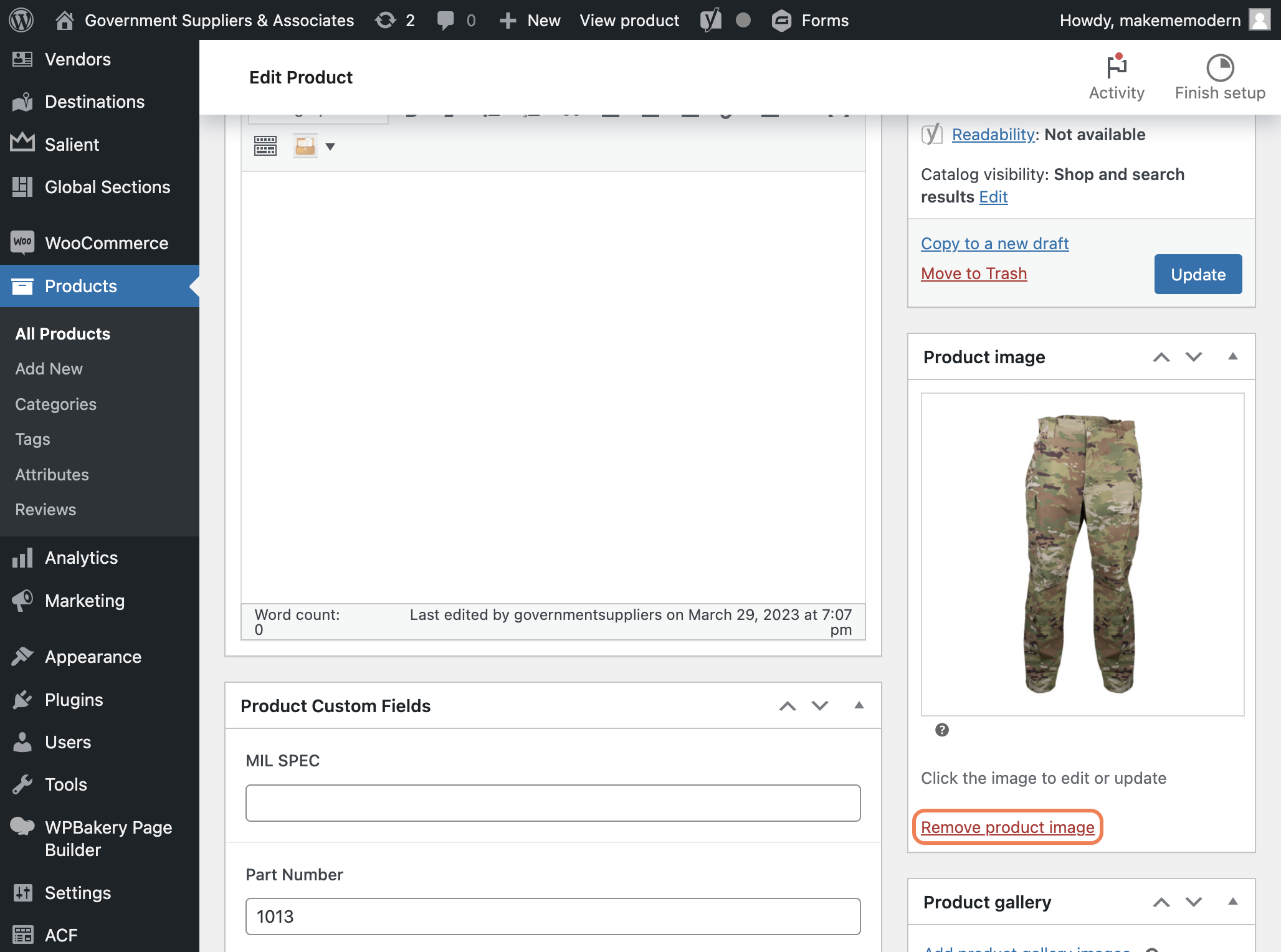 Once you are on specific product page, click on 'Remove product image'.