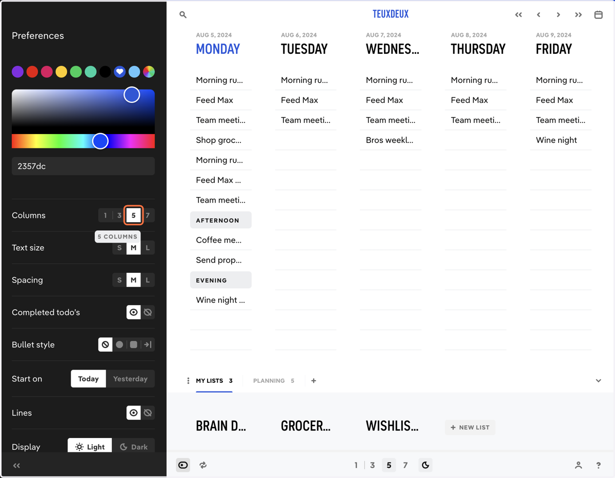 Choose how many columns of lists are in view.