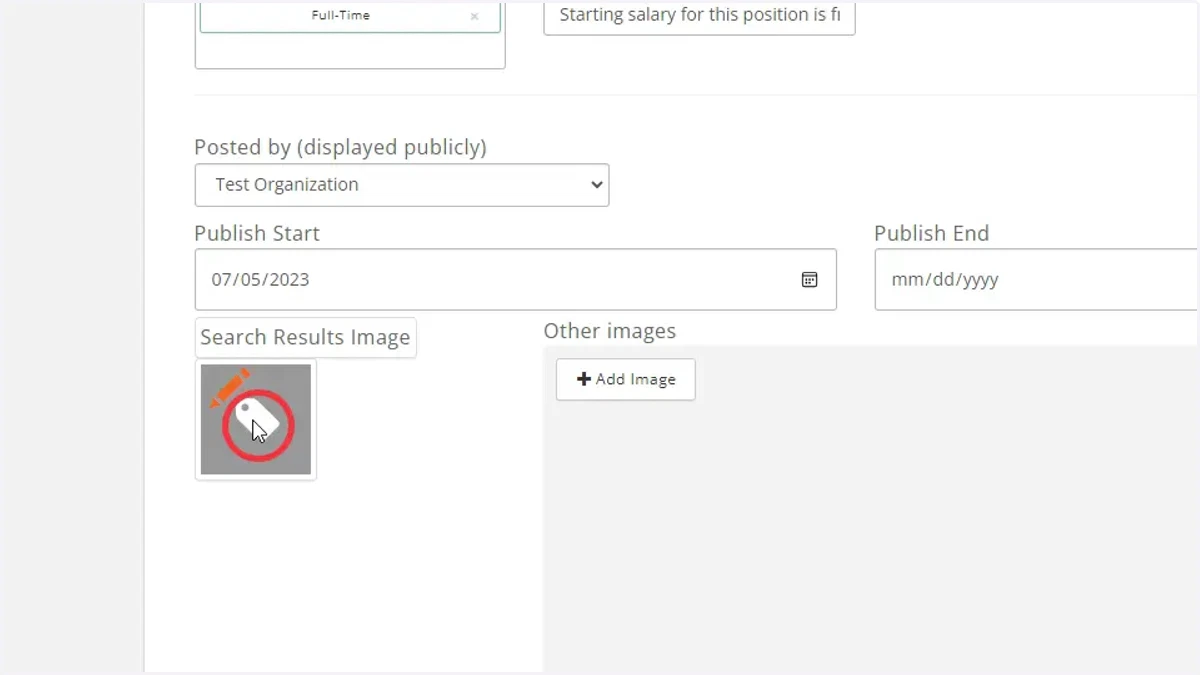 Leave the posted by set to your organization. Add your organization's logo as the Search Results Image