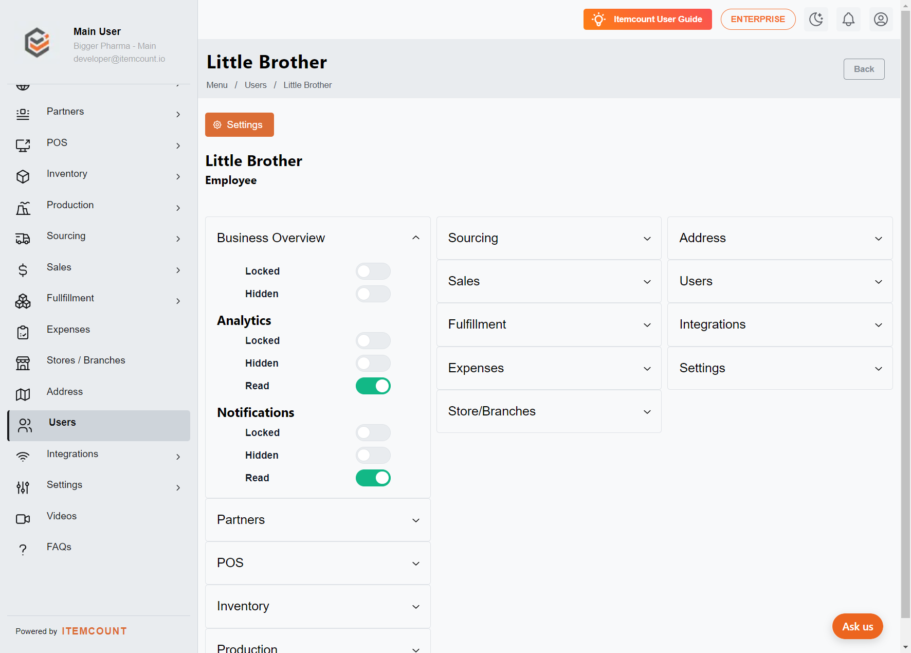 This is the user's default option from the business overview.