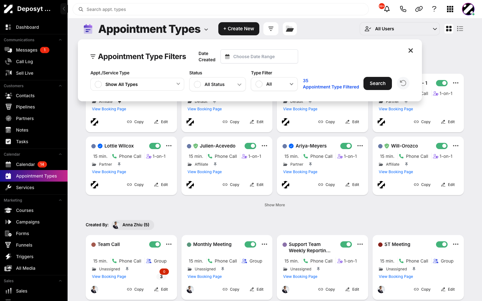 Step 3: A pop-up will appear, allowing you to set your desired filter criteria. You can filter your appointment types by date created, appointment/service type, status, or type filter.