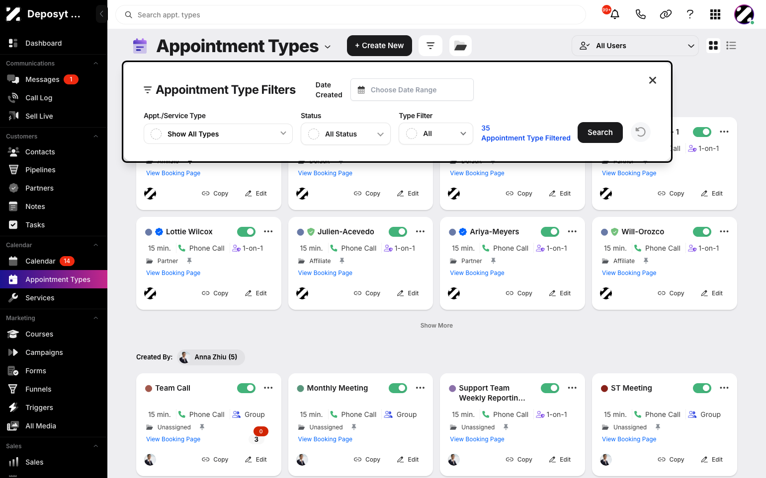 Step 3: A pop-up will appear, allowing you to set your desired filter criteria. You can filter your appointment types by date created, appointment/service type, status, or type filter.