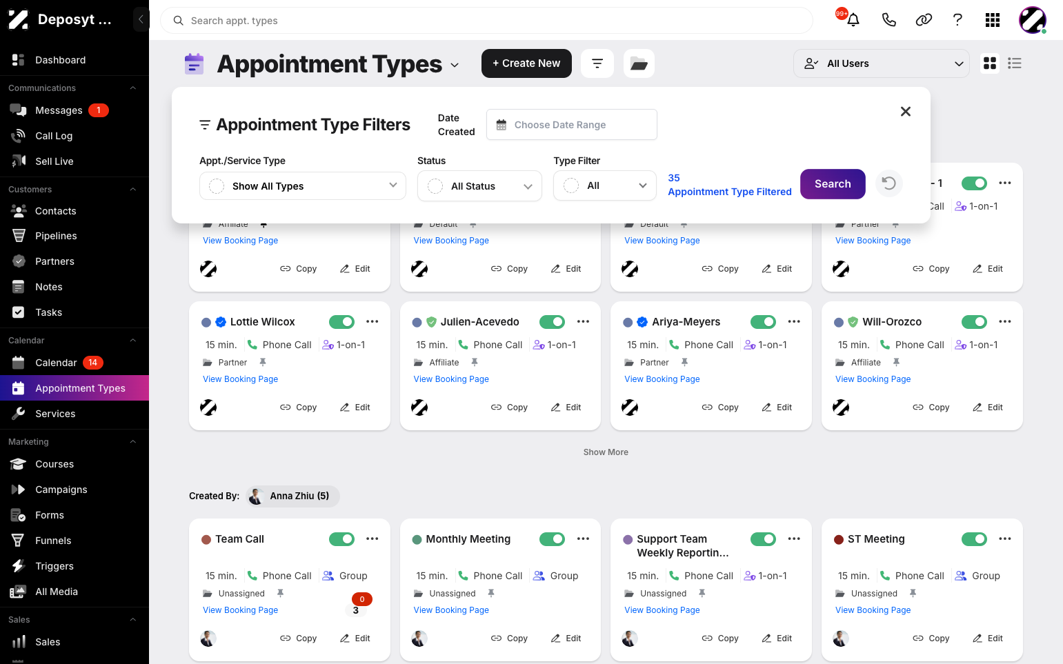 Step 4: Click the Search button to apply the filter. You can now view all appointment types that match your filter settings.