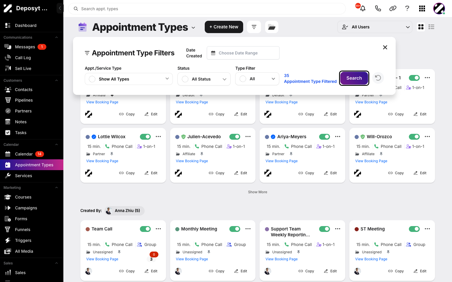Step 4: Click the Search button to apply the filter. You can now view all appointment types that match your filter settings.