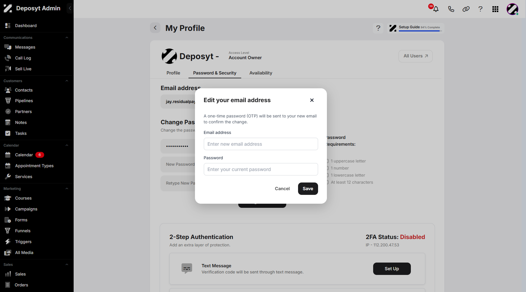 Step 9: A pop-up window will appear, prompting you to enter a new email address and your current Deposyt account password.