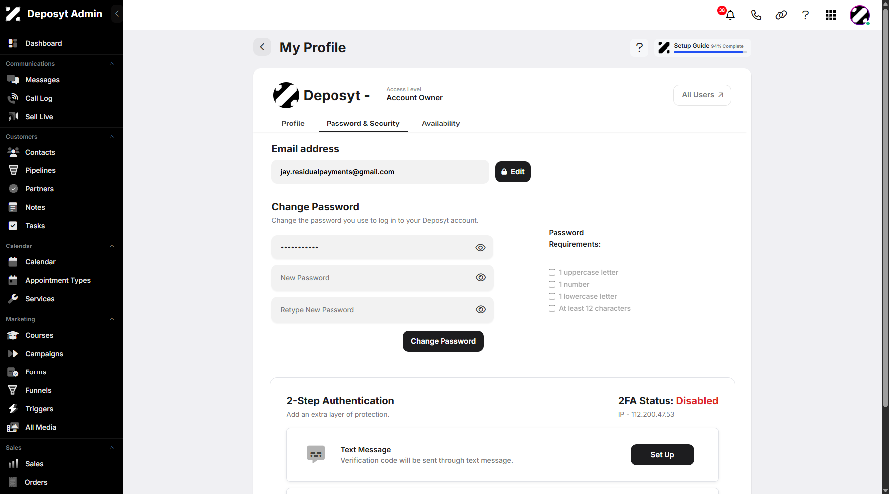 Step 7: You will then be taken to the My Profile Password & Security settings tab.