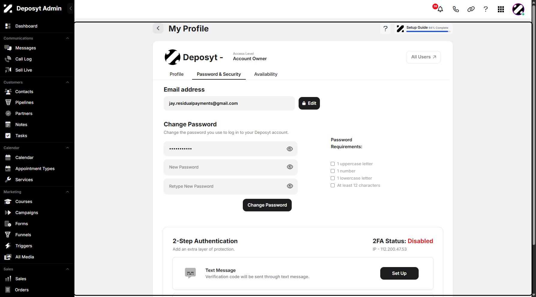 Step 7: You will then be taken to the My Profile Password & Security settings tab.