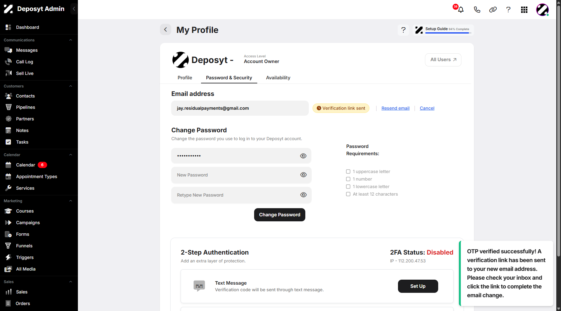 Step 15: A notification will appear, letting you know that the verification link has been sent to your new email address.