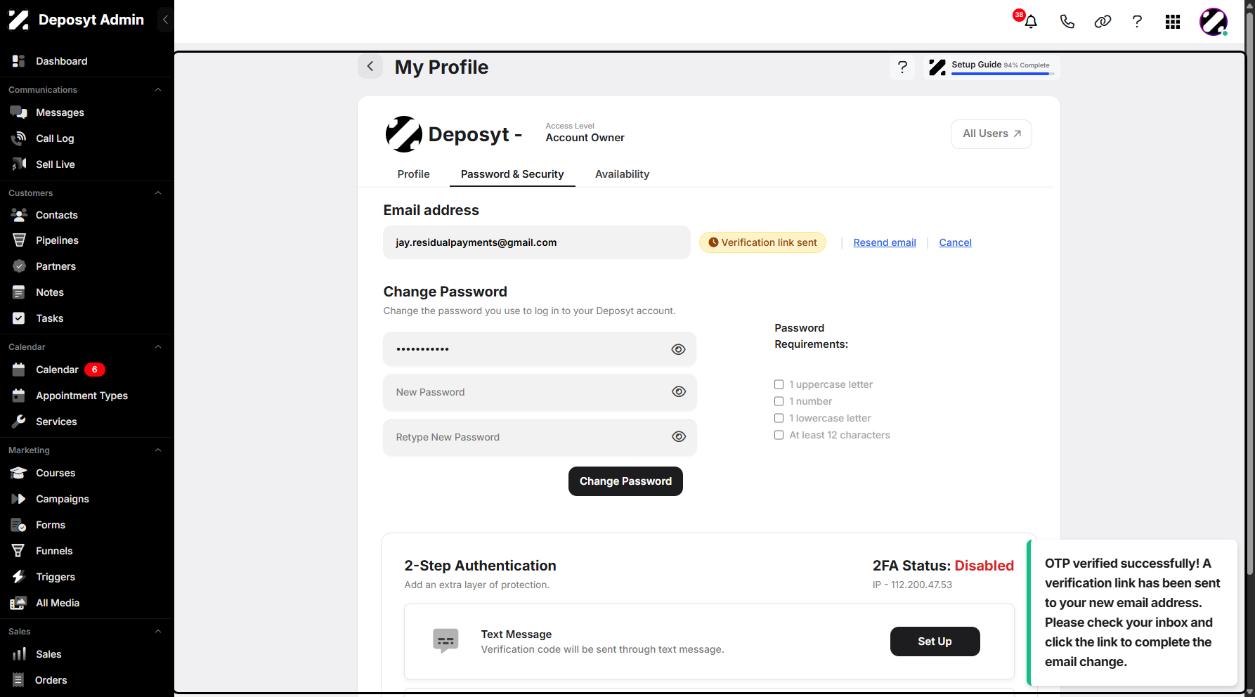 Step 15: A notification will appear, letting you know that the verification link has been sent to your new email address.