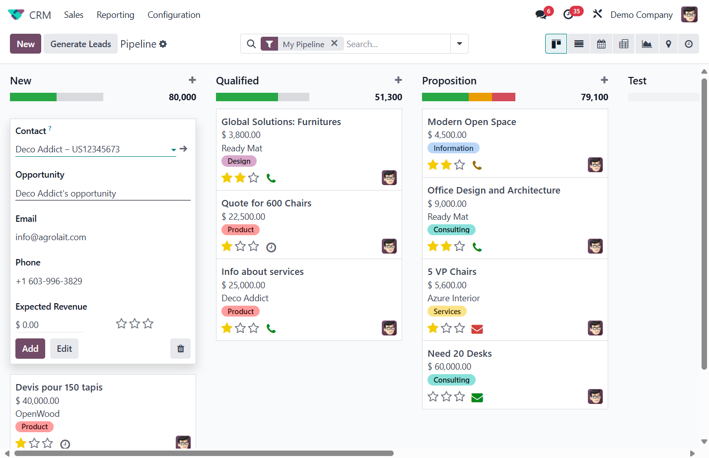 Odoo will populate this field automatically. You may change it by clicking the Opportunity field