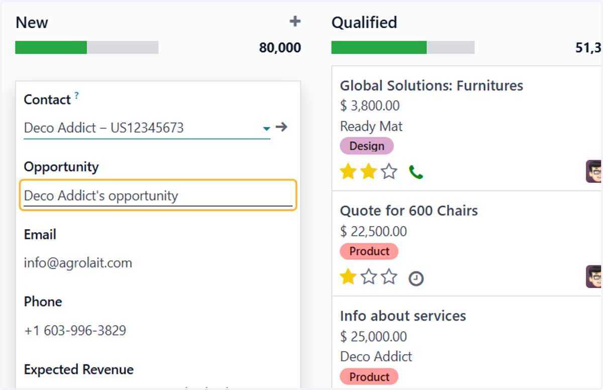 Odoo will populate this field automatically. You may change it by clicking the Opportunity field