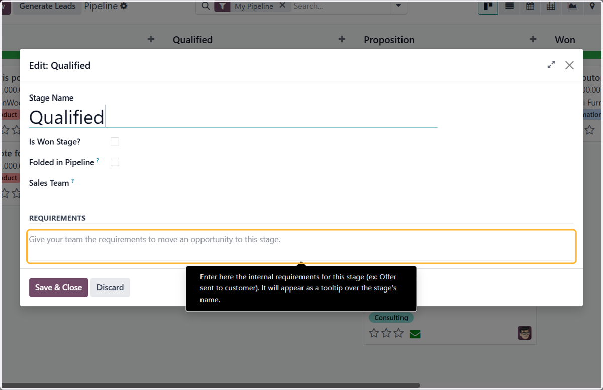 Enter here the internal requirements for this stage