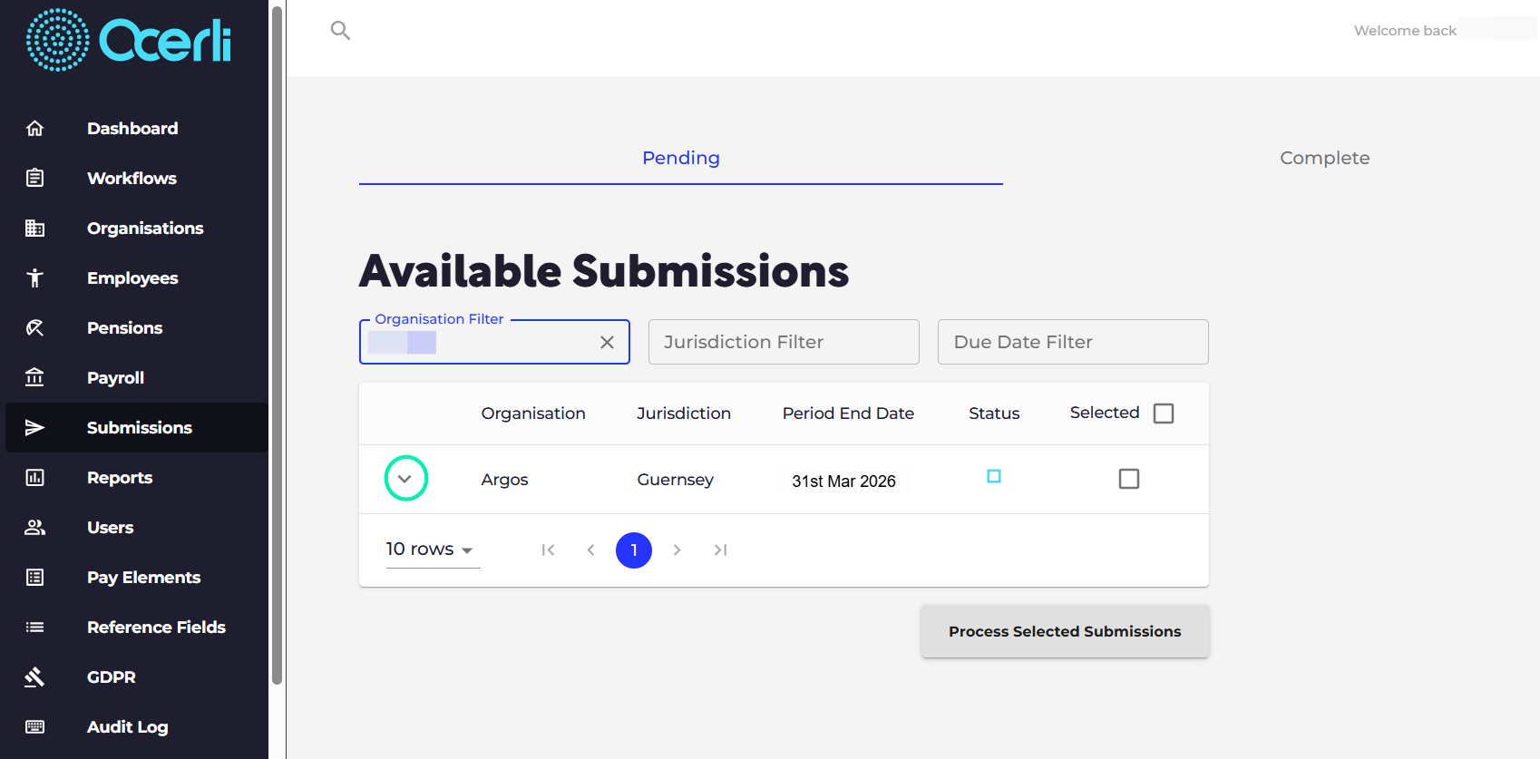 To submit the Alderney CER return, please navigate to the Submissions screen