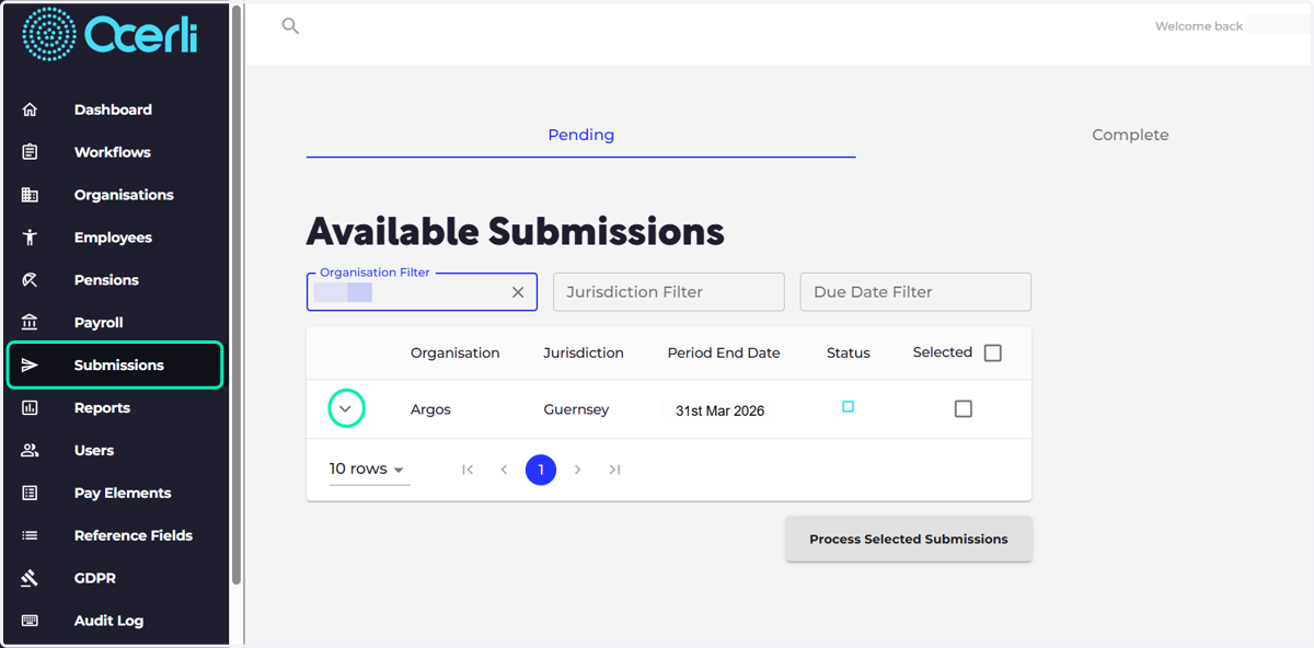 To submit the Alderney CER return, please navigate to the Submissions screen