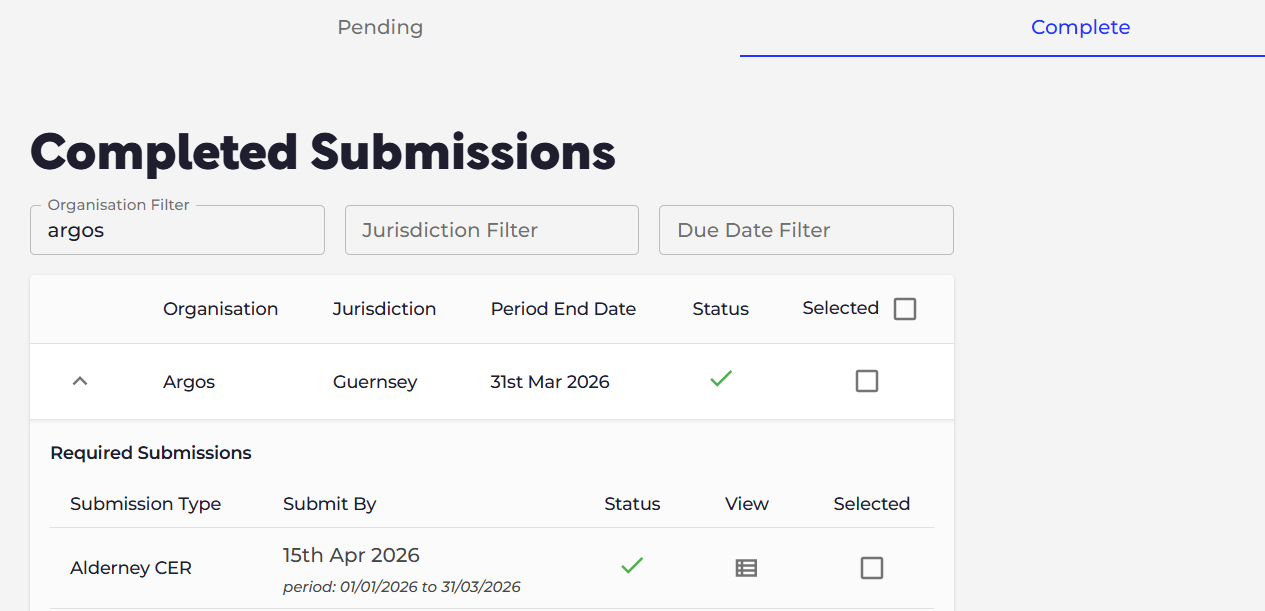 The successful submission will automatically move the the 'Complete' tab on the submission screen