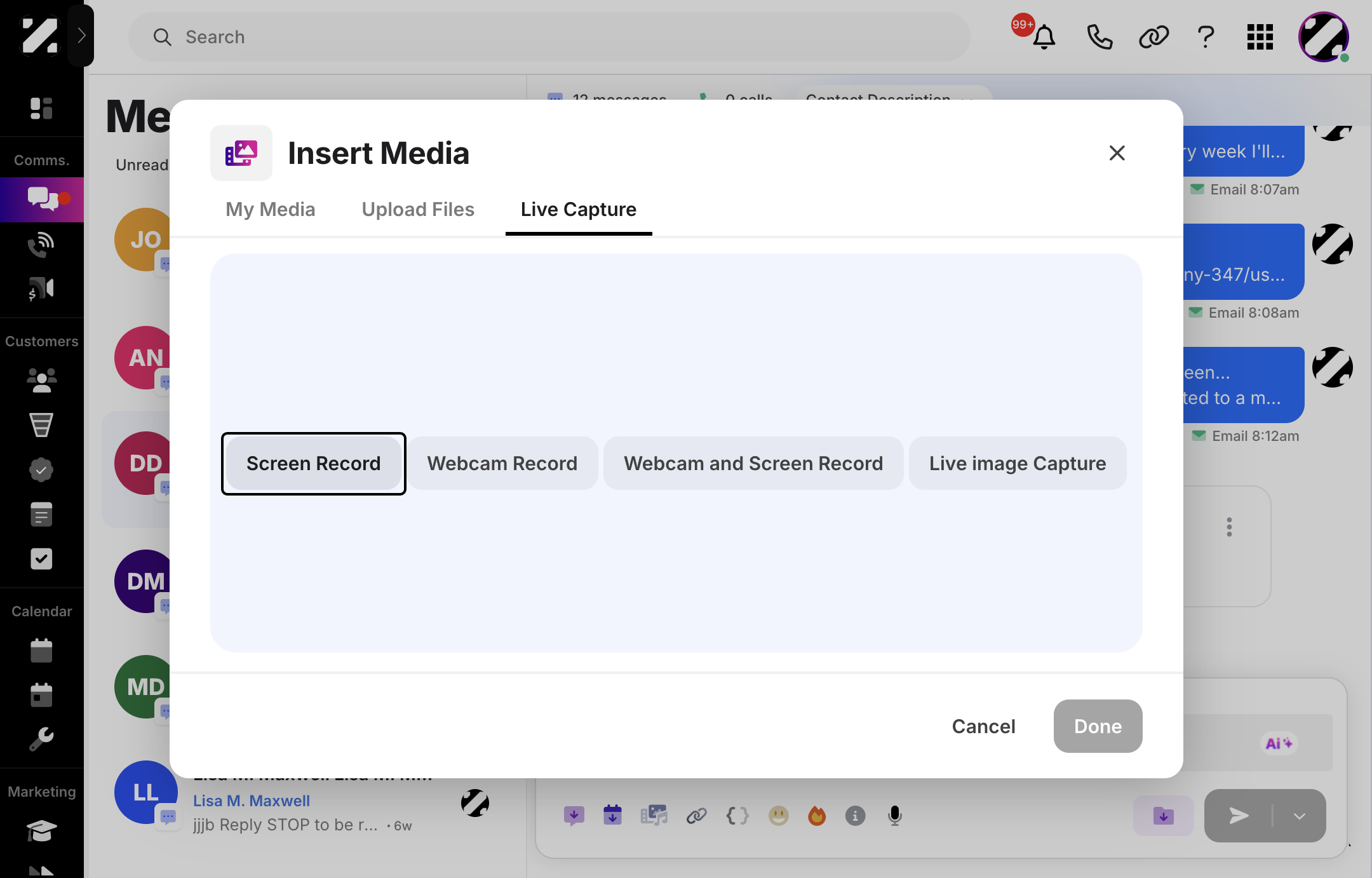 From here, you will have options to live capture your screen, webcam, both screen and webcam, or just an image capture from your webcam.