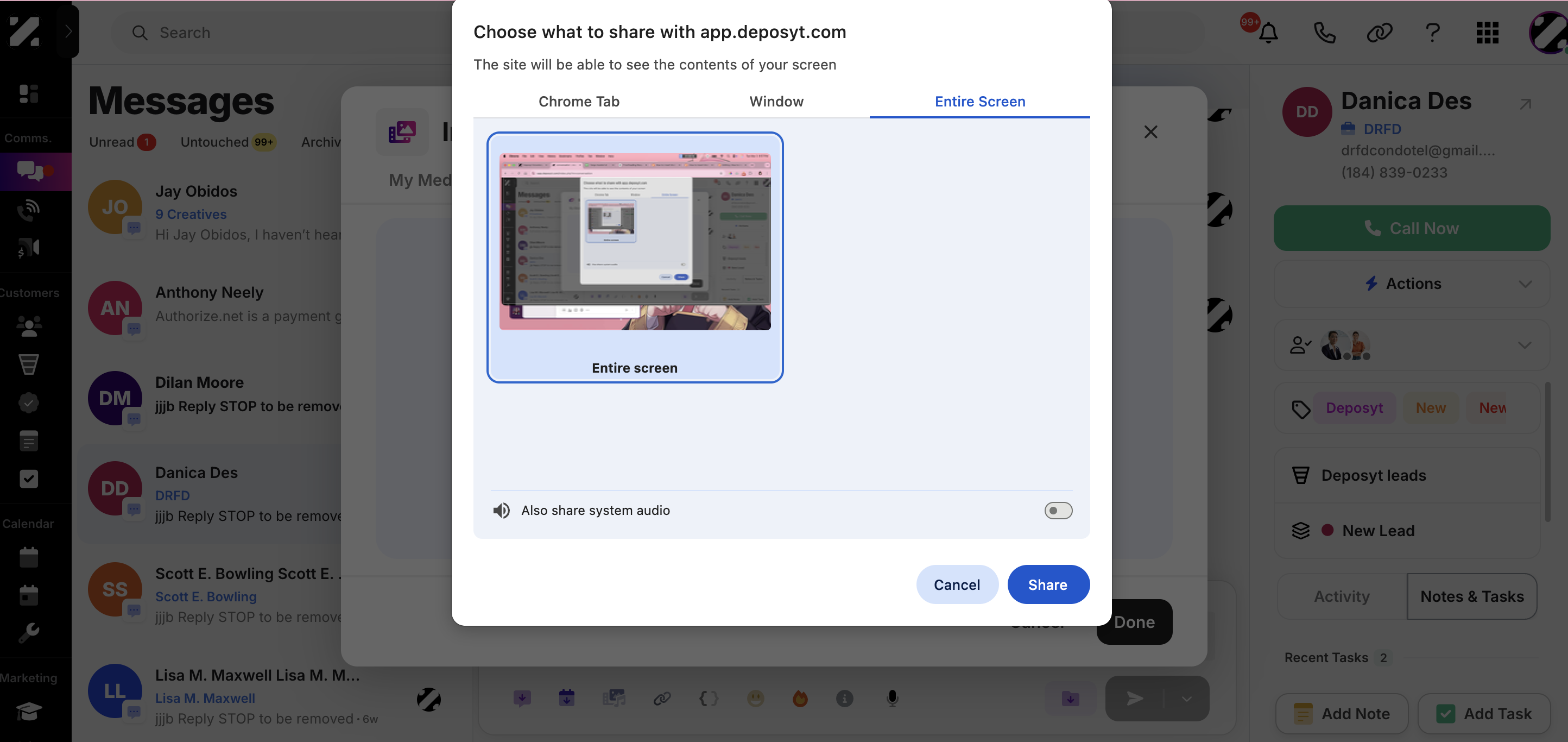 If you click on Screen Record, you will have options to share a specific browser tab, a window, or the entire screen. Select one, then you will have the optional choice to share the system audio as well. Click the Share button to add the media link to your message.