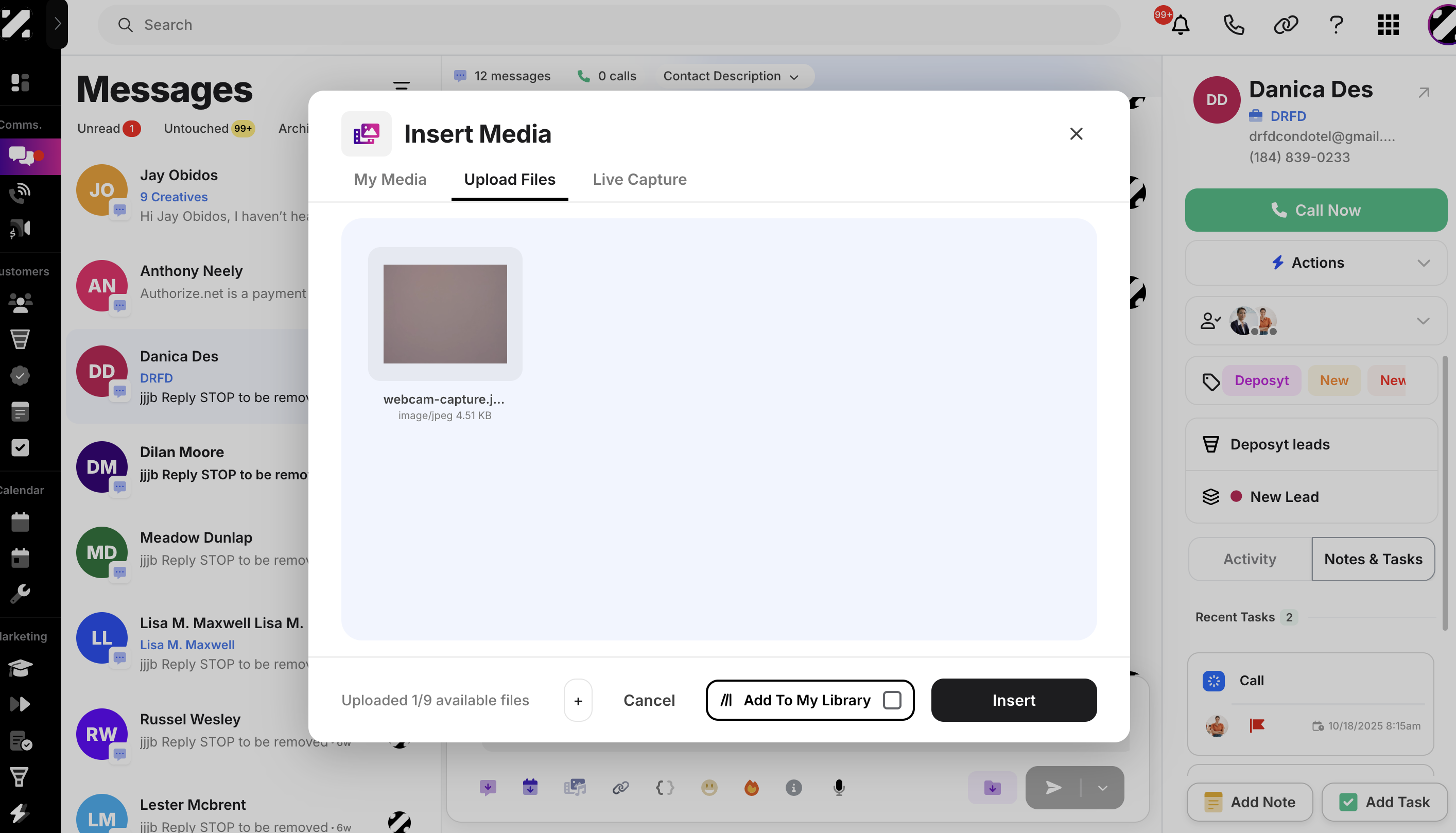 Then, click the Insert button to add the media link to your message.