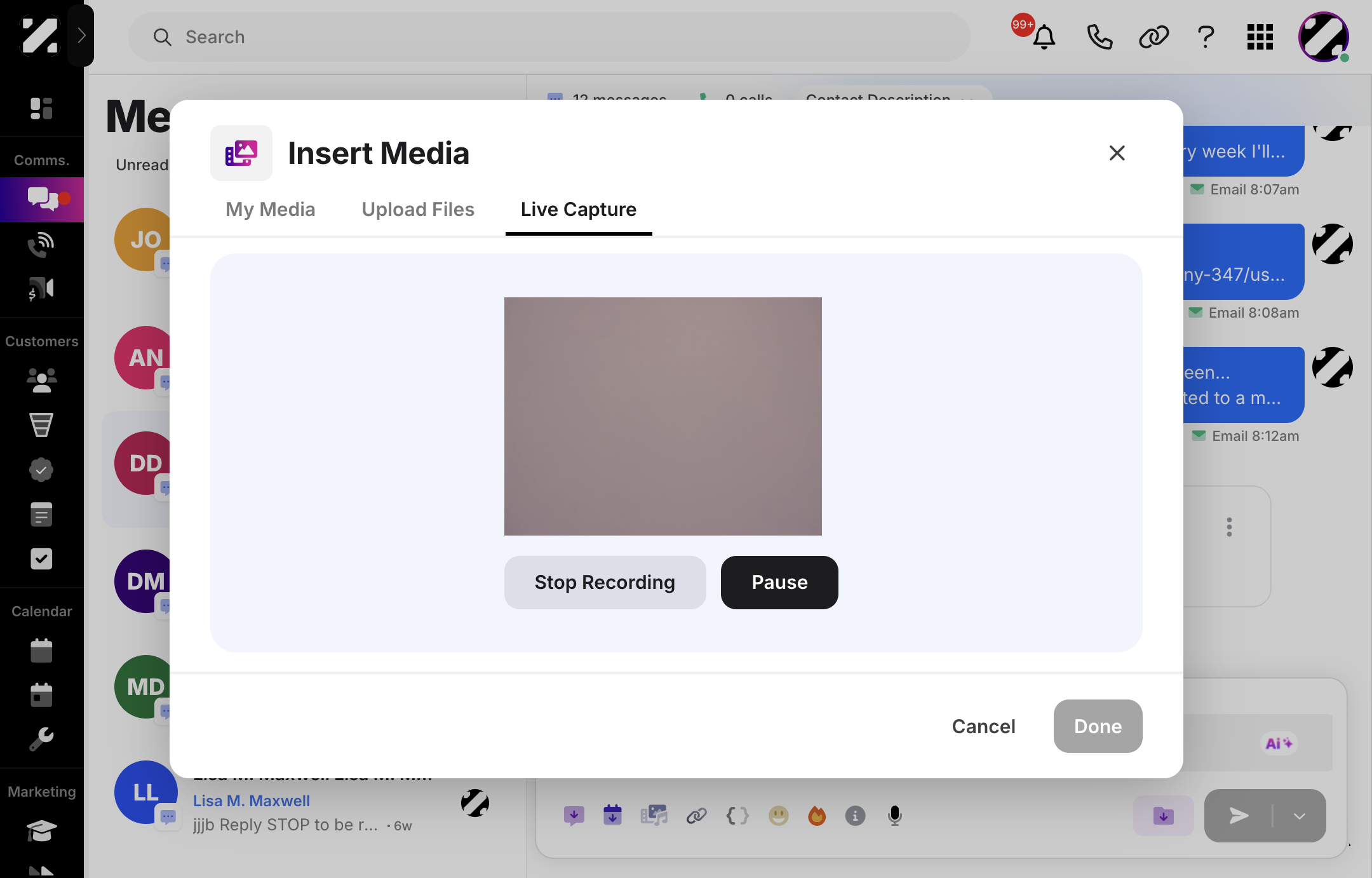 It will start recording the camera. Click Stop Recording when you are done, or Pause if needed. Then, click the Done button to add the media link to your message.