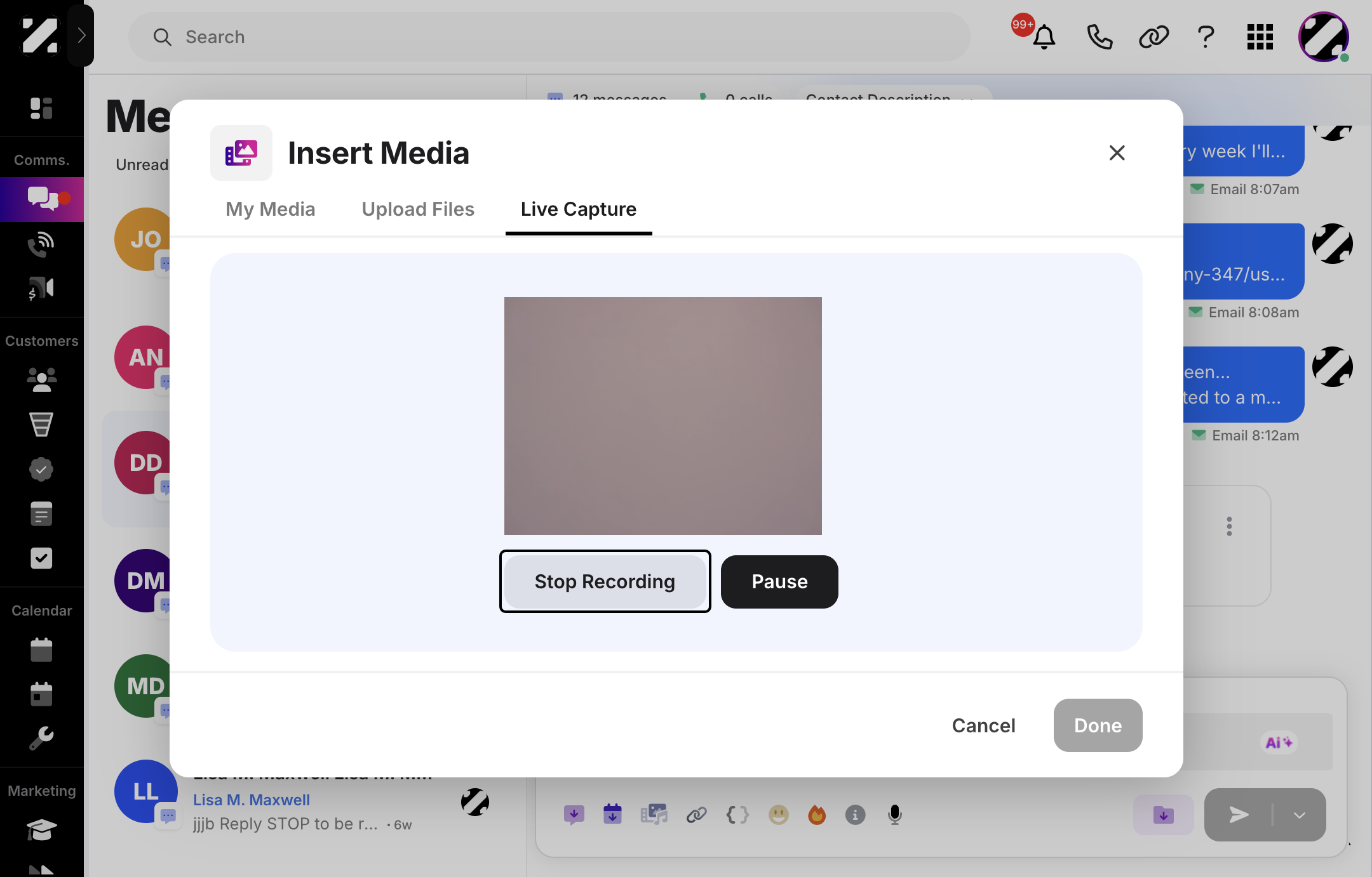 It will start recording the camera. Click Stop Recording when you are done, or Pause if needed. Then, click the Done button to add the media link to your message.
