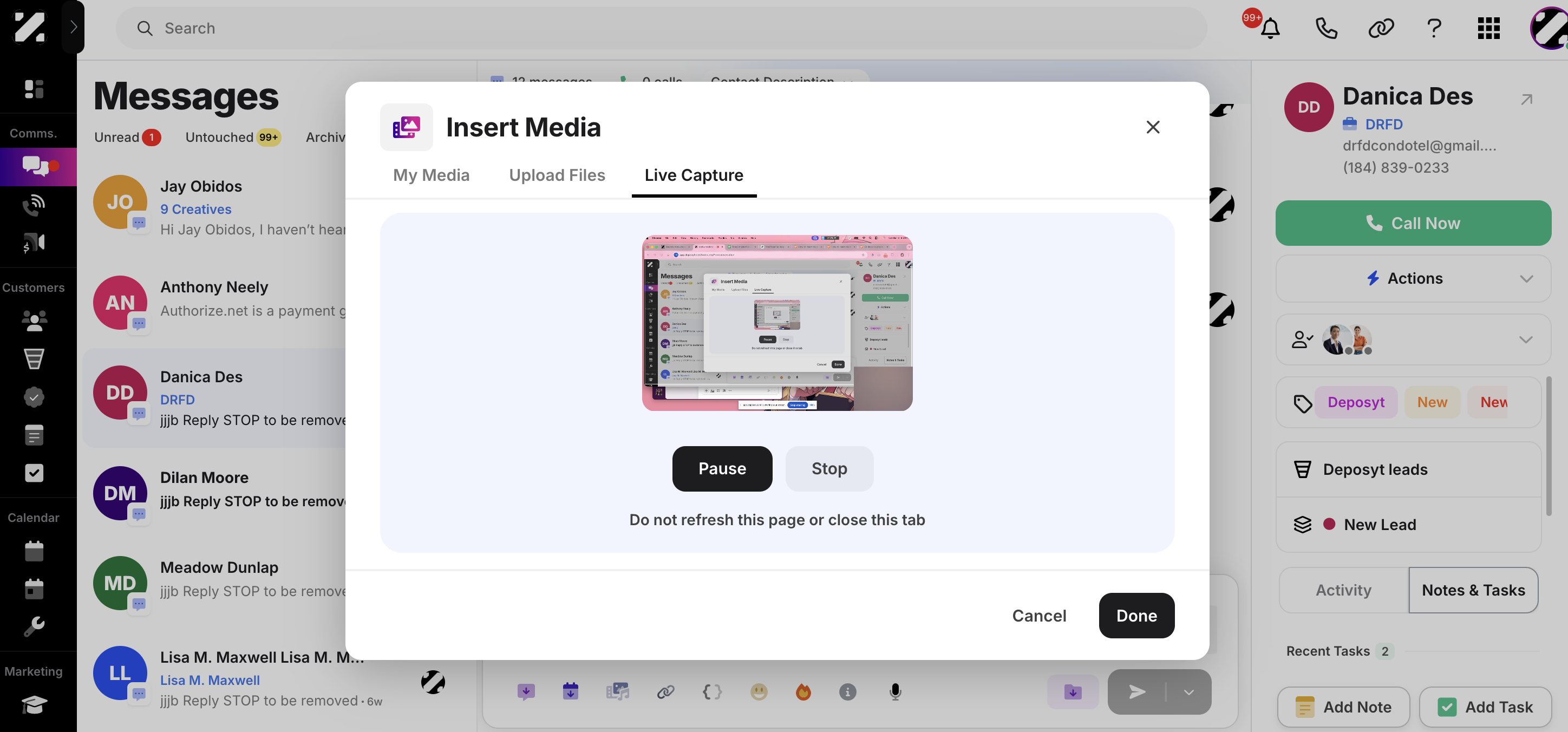 Click Stop Recording when you are done, or Pause if needed. Then, click the Done button to add the media link to your message. Remember that your webcam video will appear in the bottom-right corner of your screen recording.