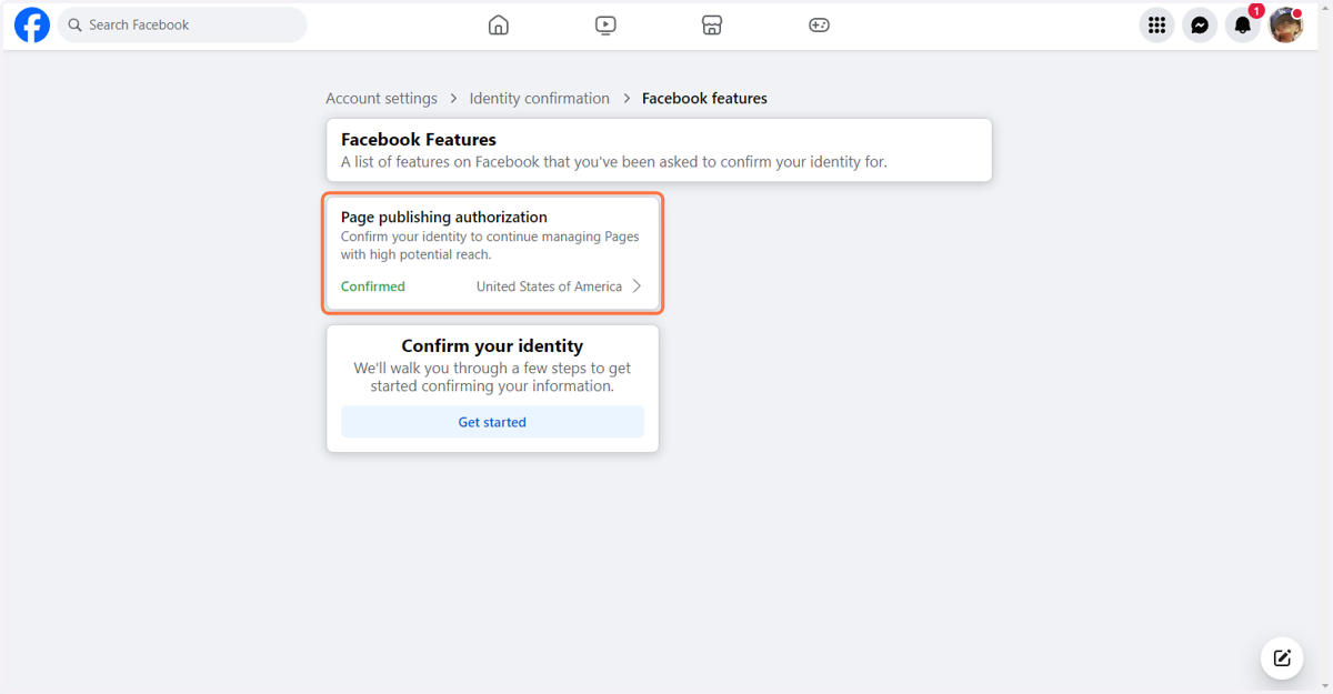 In this example, you can see that Page Publishing authorization is 'Confirmed' in green. If it is not, you will need to follow the prompts that may appear and/or Confirm your identity below the notice