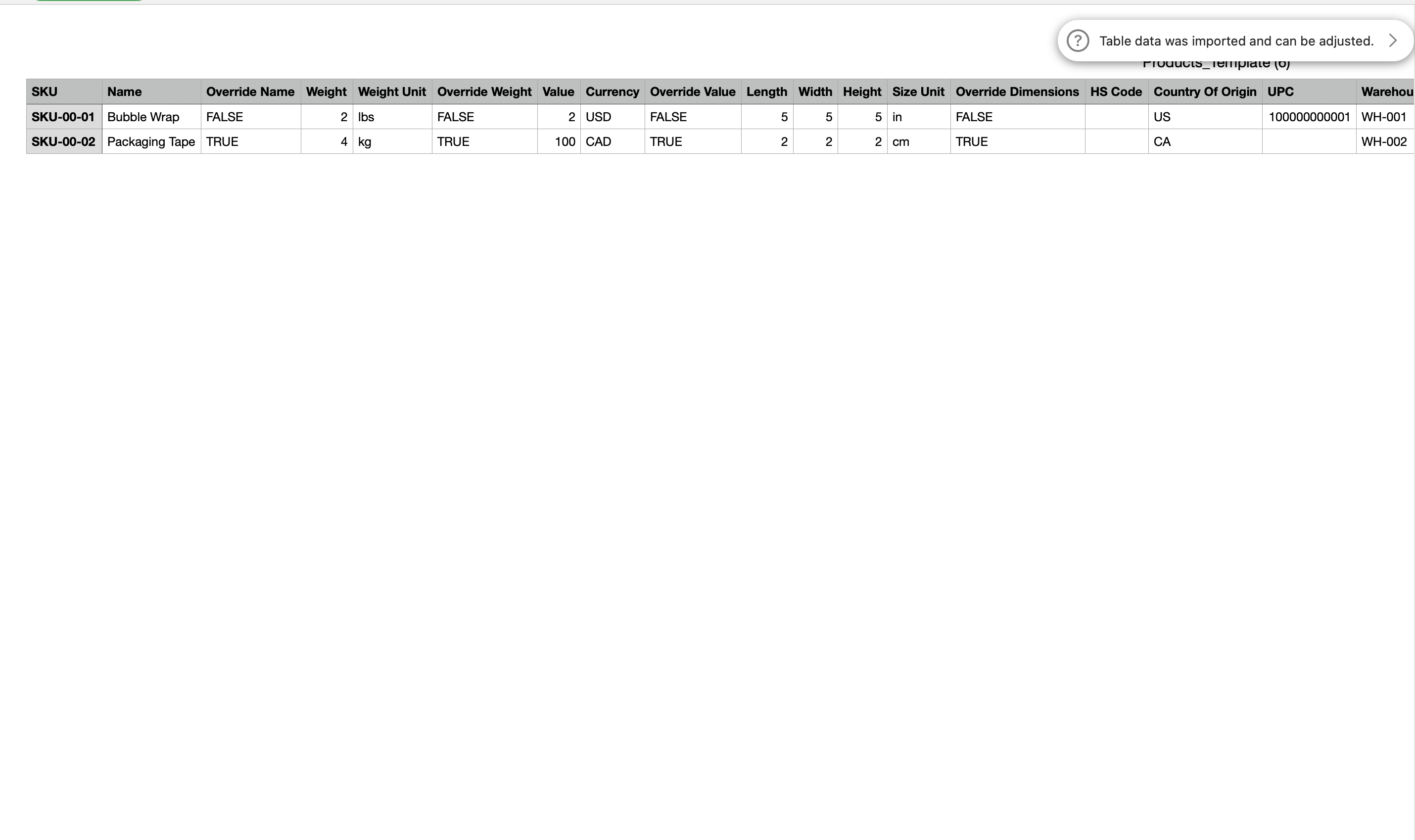 Edit the exported file with product information