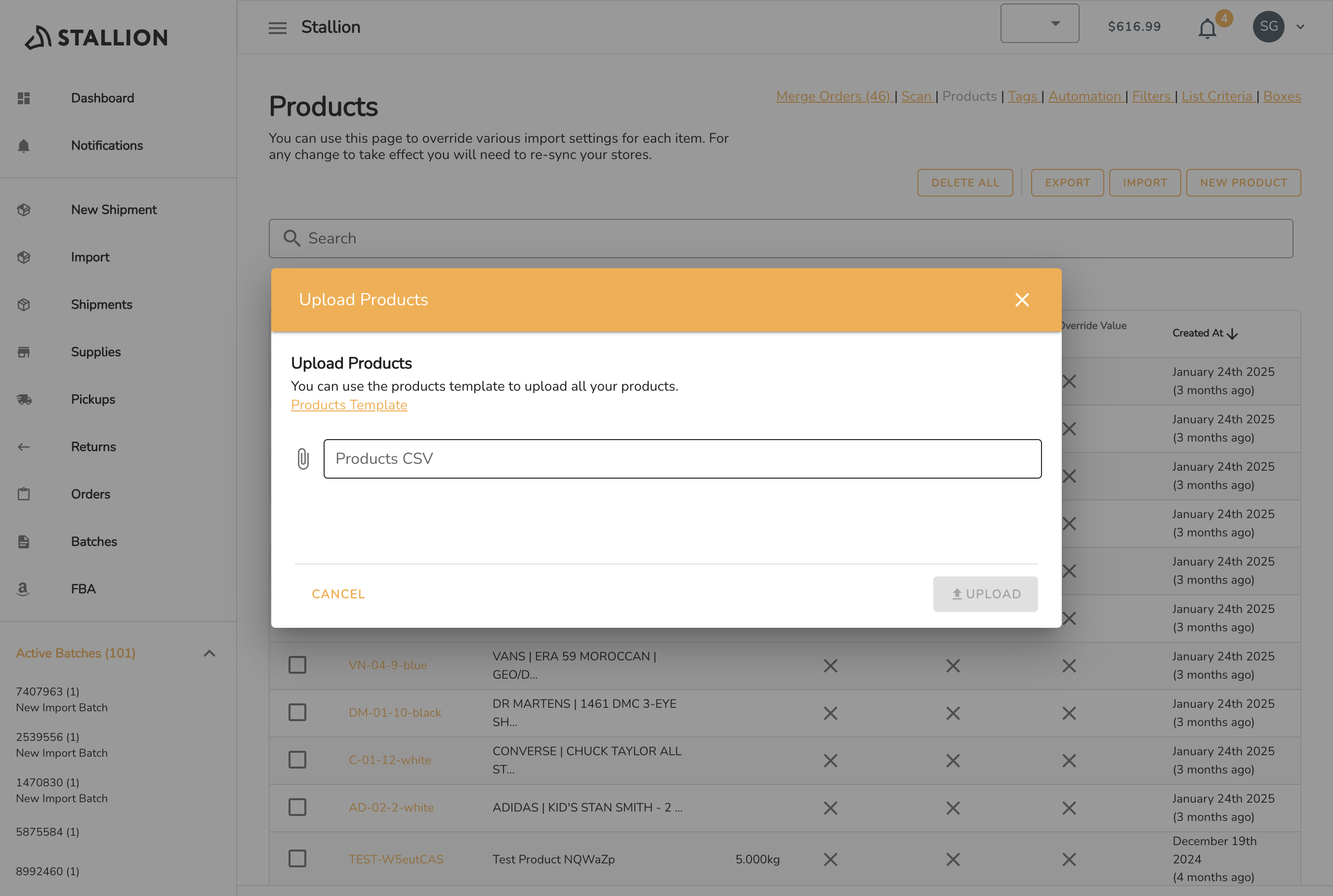 Click on "Products CSV"