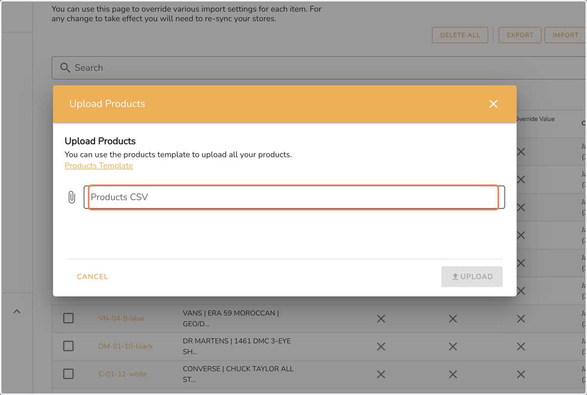 Click on "Products CSV"