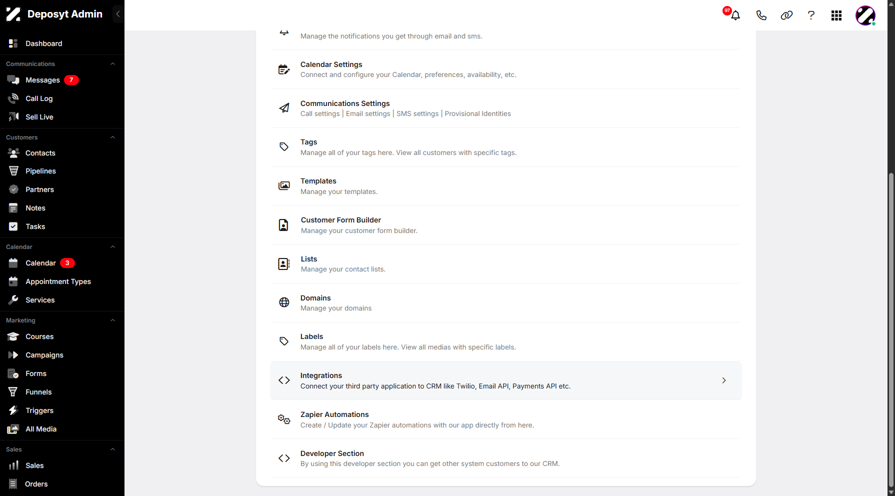 Step 3: You will then be taken to the Settings page. Scroll down and click on Integrations to continue.