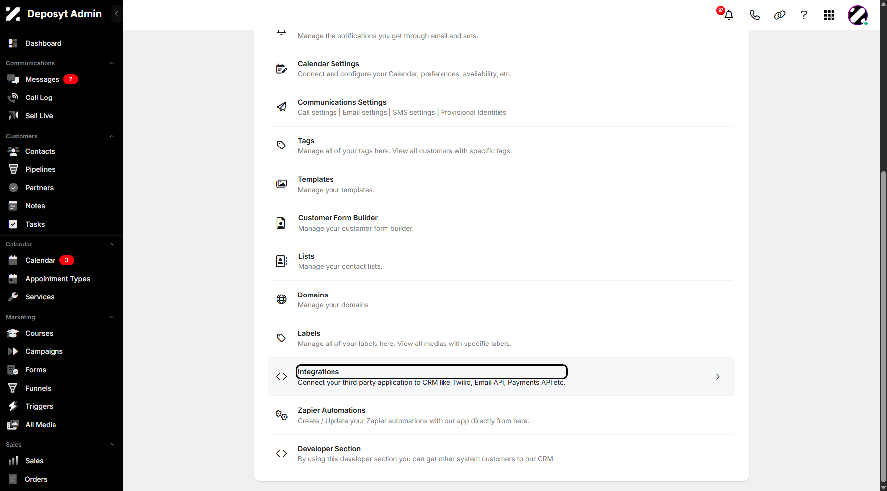 Step 3: You will then be taken to the Settings page. Scroll down and click on Integrations to continue.
