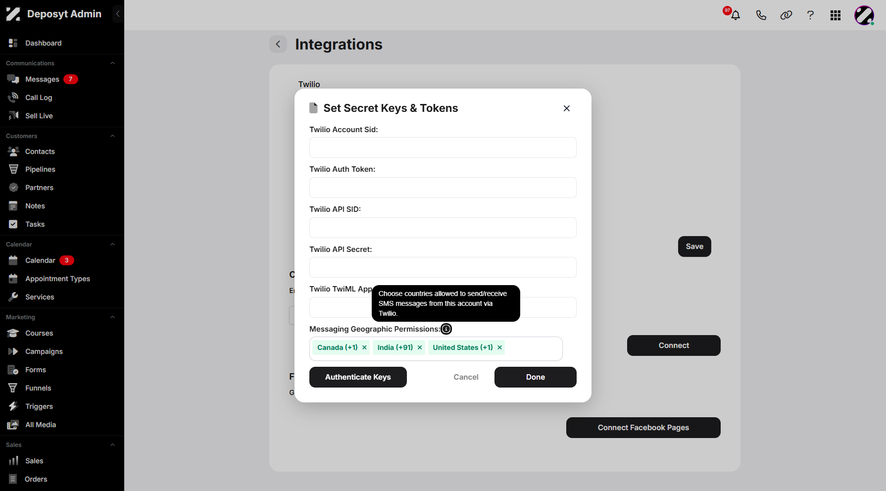 Step 7: You can also configure which countries are allowed to send and receive SMS messages through this account via Twilio.