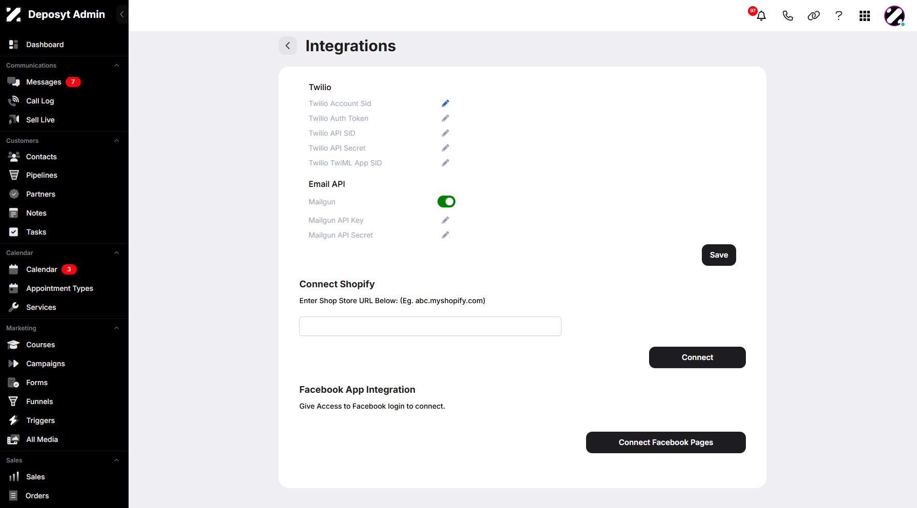 Step 5: To connect your Twilio account, just click on the pencil icon to add it.