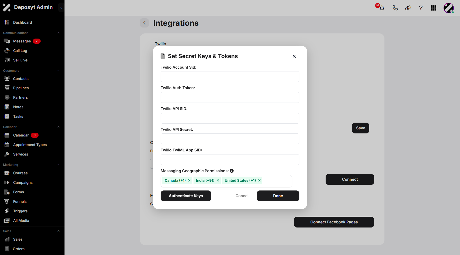 Step 6: A pop-up window will appear, prompting you to enter your Twilio Account SID, Auth Token, API SID, API Secret, and TwiML App SID. Click Authenticate Keys to verify your Twilio account connection.