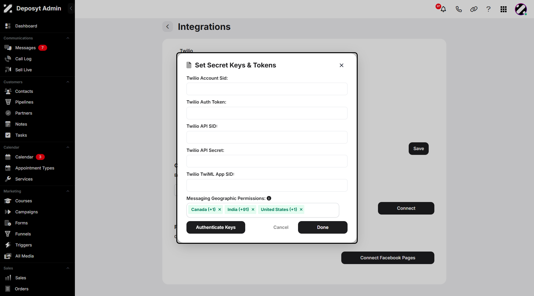 Step 6: A pop-up window will appear, prompting you to enter your Twilio Account SID, Auth Token, API SID, API Secret, and TwiML App SID. Click Authenticate Keys to verify your Twilio account connection.