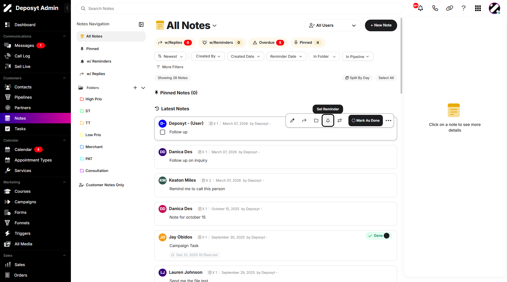 Step 3: To set a reminder for your note, hover over the selected note to display the tab, then click Set Reminder.