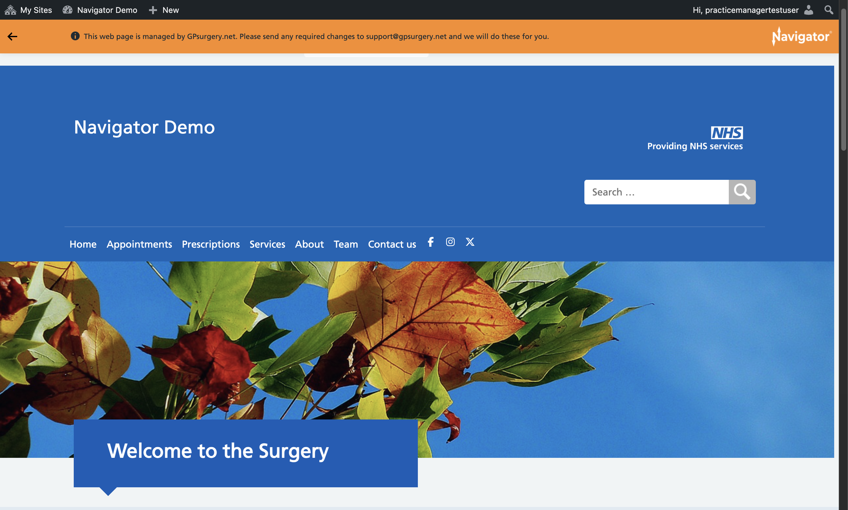 Screenshot of a GPsurgery.net Navigator website home page. The admin toolbar and orange Navigator toolbar are visible at the top of the screen.