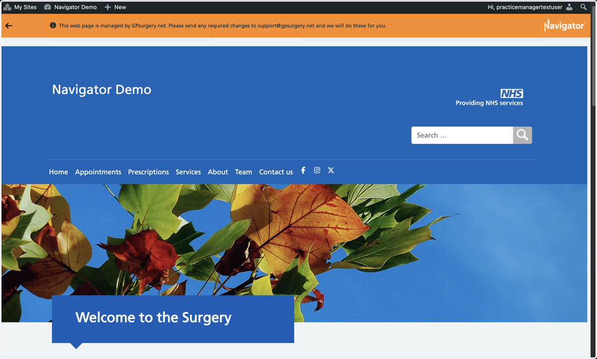 Screenshot of a GPsurgery.net Navigator website home page. The admin toolbar and orange Navigator toolbar are visible at the top of the screen.