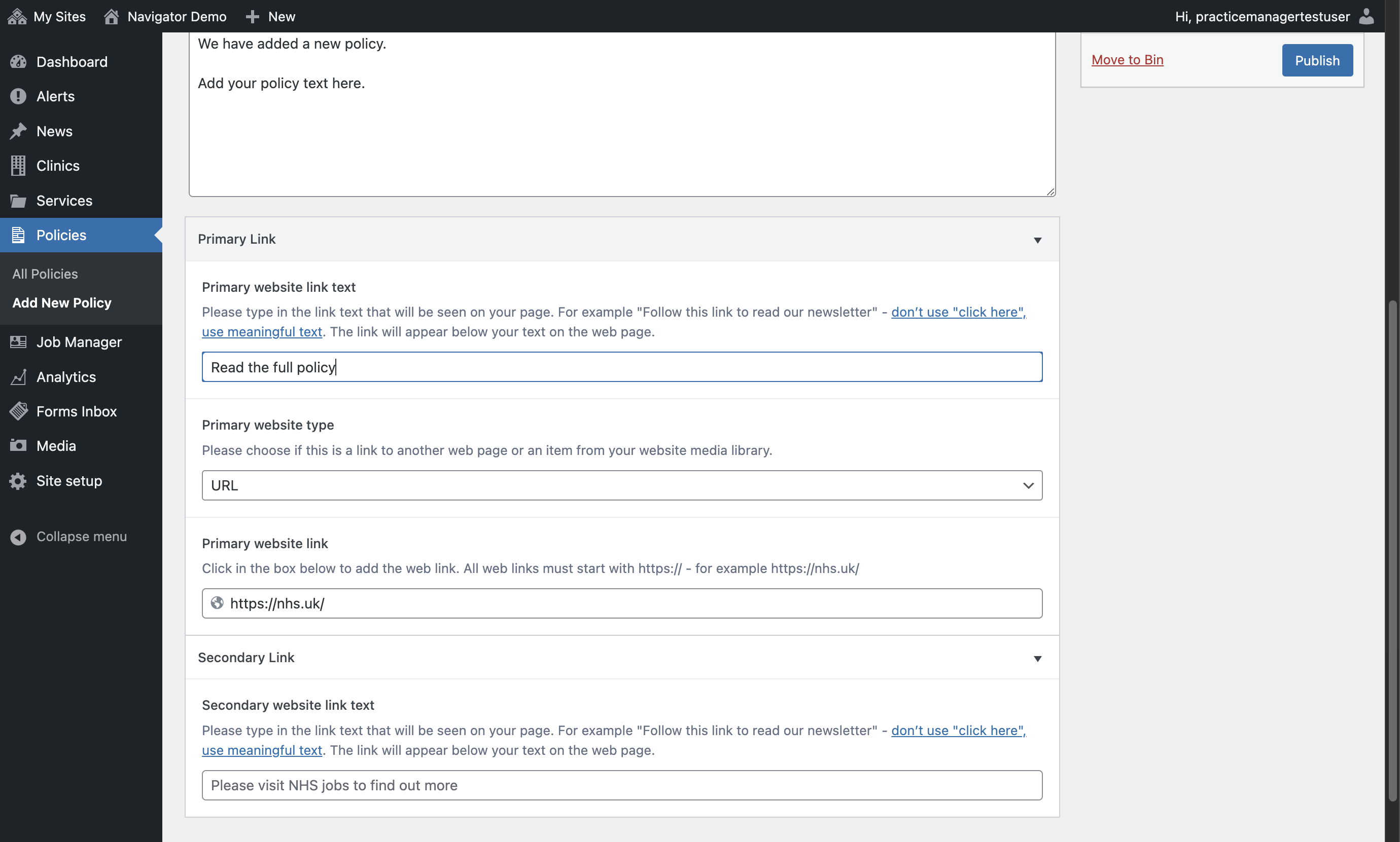 The Primary website link text box with "Read the full policy" typed.