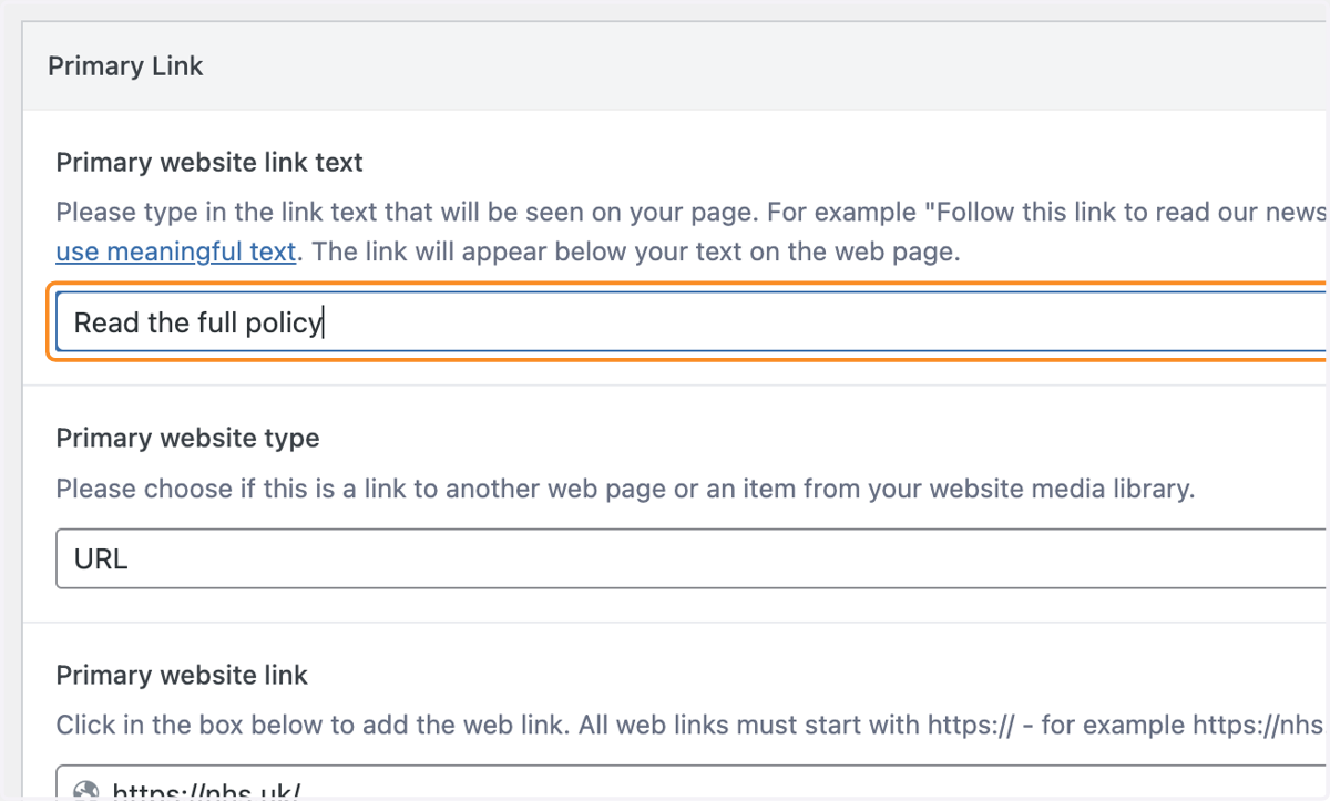 The Primary website link text box with "Read the full policy" typed.
