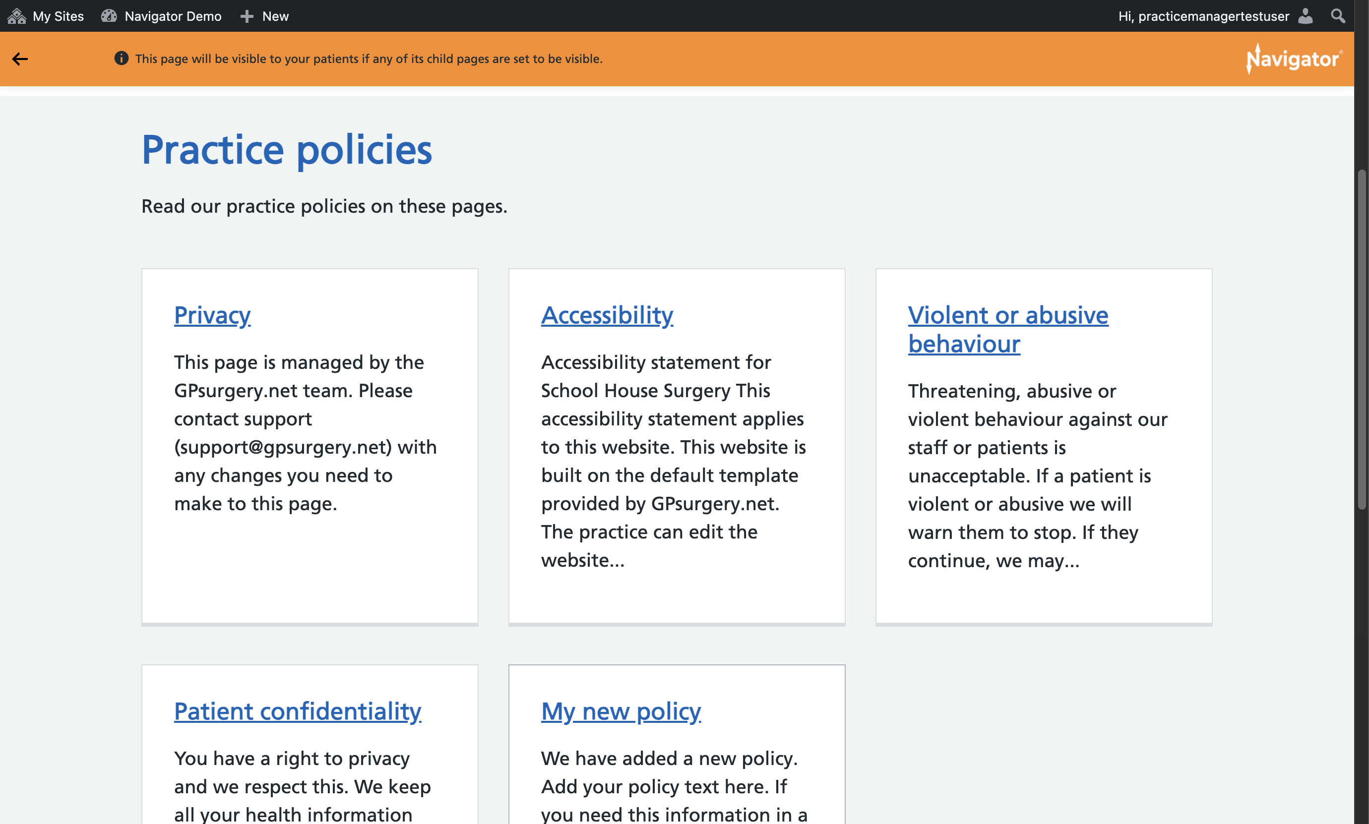 The Practice policies page with the new policy visible