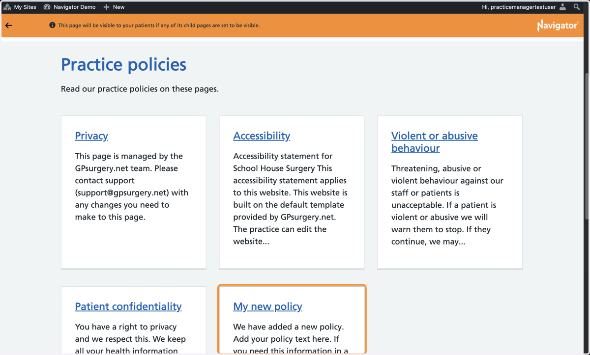 The Practice policies page with the new policy visible