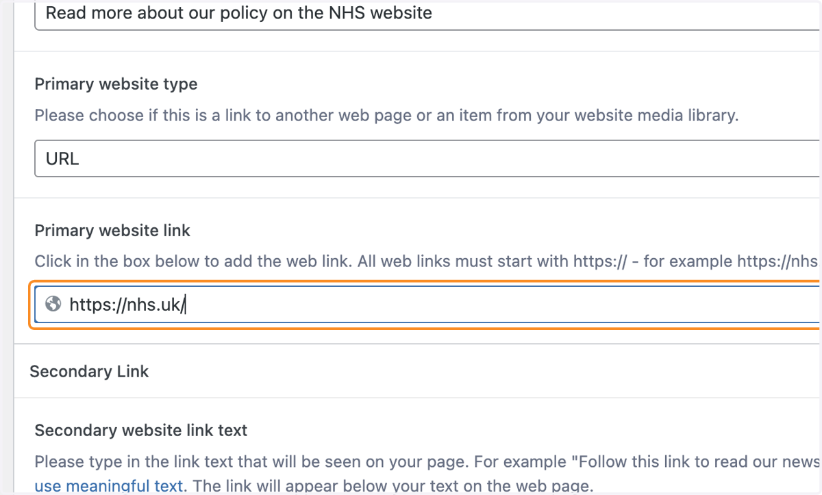 The "Primary website link" box with "https://nhs.uk/" typed in