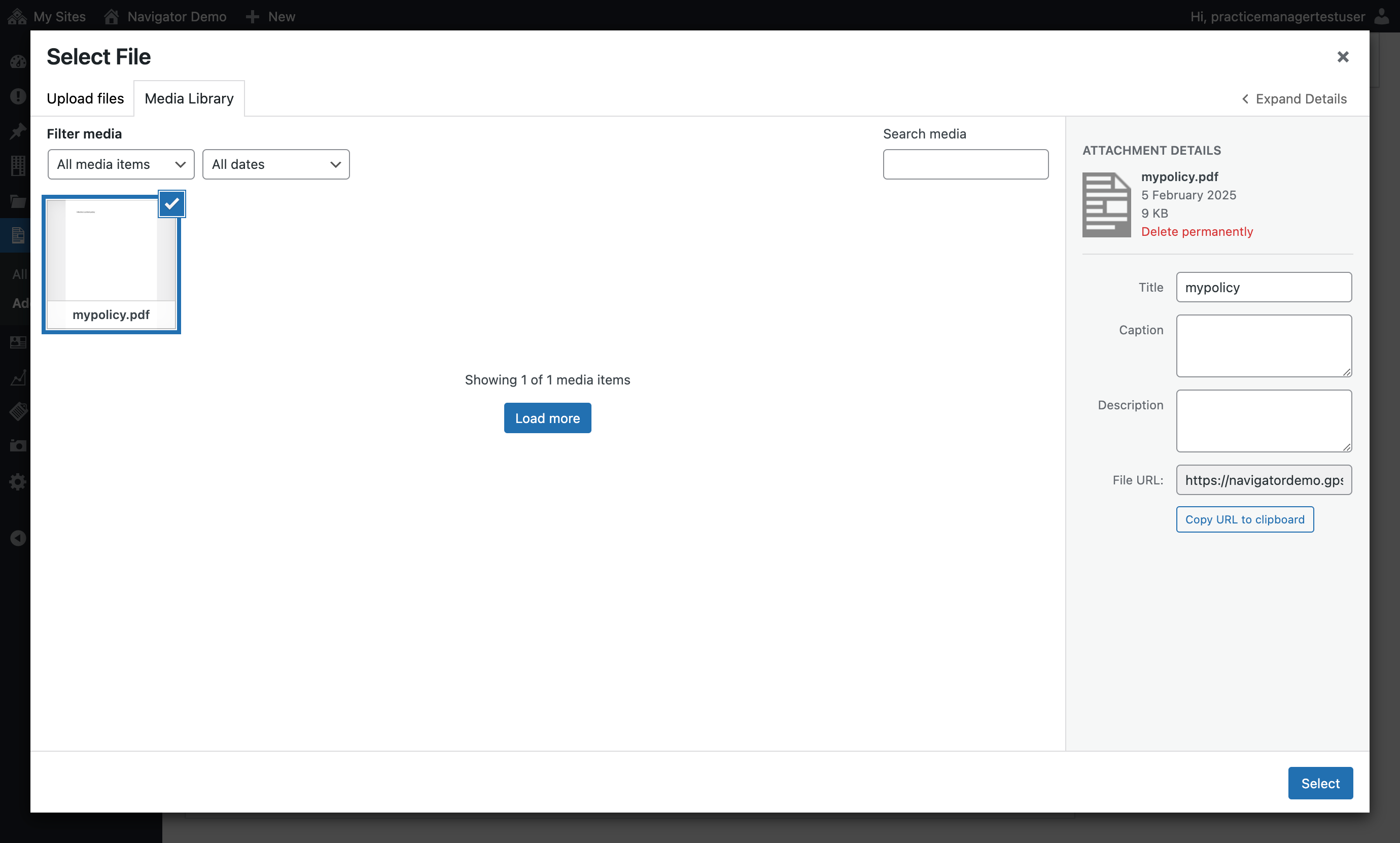 The Select File screen, with a policy selected