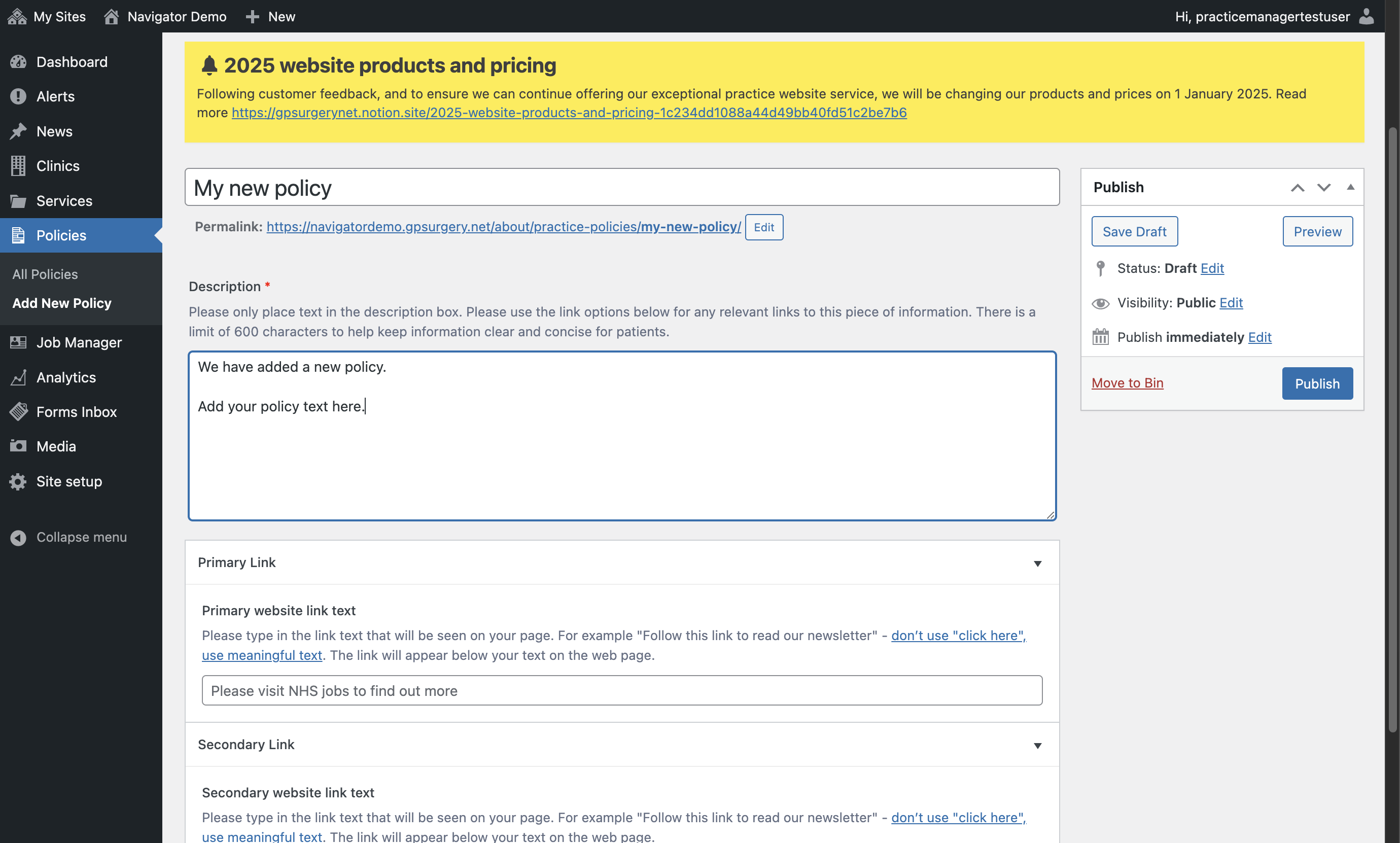 The Description box of the policies editor with some example text pasted in.