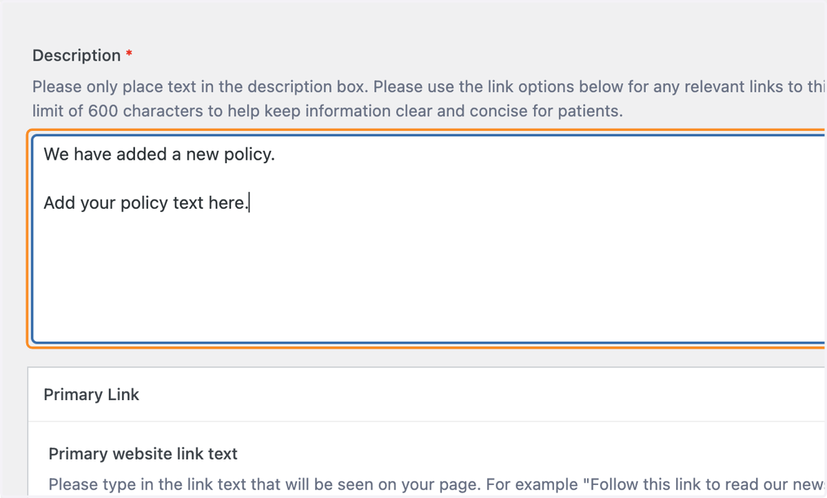 The Description box of the policies editor with some example text pasted in.